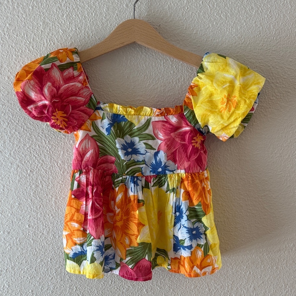Janie and Jack Floral Puff Sleeve Top - Pink, Yellow, Blue